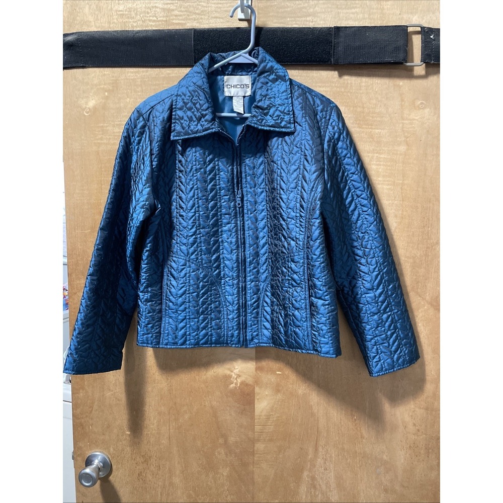 chicos blue metallic Quilted Lightweight Puffer Jacket Women's‎ Size 1